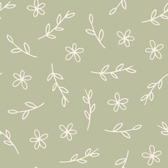 Hand drawn seamless pattern with line art flowers and branches. Cute vector background with linear floral elements. Endless texture for spring holidays and festive design. Charming flat illustration