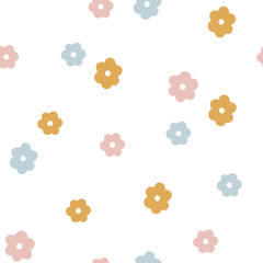 Hand drawn seamless pattern with flat colorful flowers. Cute vector background with floral elements for nursery, wrapping paper and textile. Endless childish texture. Charming flat illustration