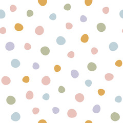 Hand drawn seamless pattern with dots. Cute childish background with circles for textile, prints, apparel and festive design. Endless abstract vector texture. Flat colorful illustration