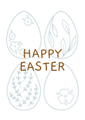 Hand drawn Easter greeting card with hand drawn eggs with floral elements in flat style. Charming spring illustration with egg. Vector poster for spring and Easter design. Colored vector postcard