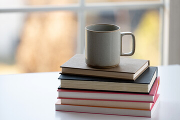 Books and mug on white desk