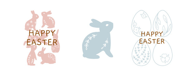 Set of Easter illustrations with traditional elements. Happy Easter. Cute spring compositions with bunnies, eggs, chickens and plants. Trendy festive prints for spring design and Easter holidays