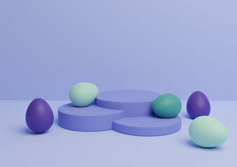 Light, pastel blue 3D rendering of Easter themed product display podium or stand composition with colorful eggs minimal, simple for multiple products