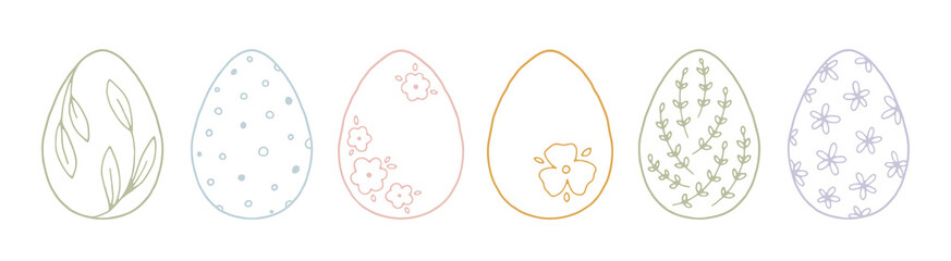 Set of line art Easter eggs with floral elements in pastel color. Hand drawn vector collection with cute festive eggs for spring design and Easter holidays. Charming Easter traditional elements