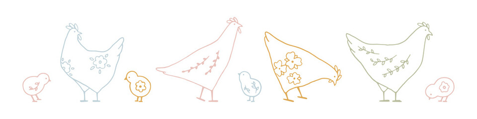 Set of line art Easter chickens with floral elements in pastel color. Hand drawn vector collection with cute festive chicks for spring design and Easter holidays. Charming Easter traditional elements © simpleblues