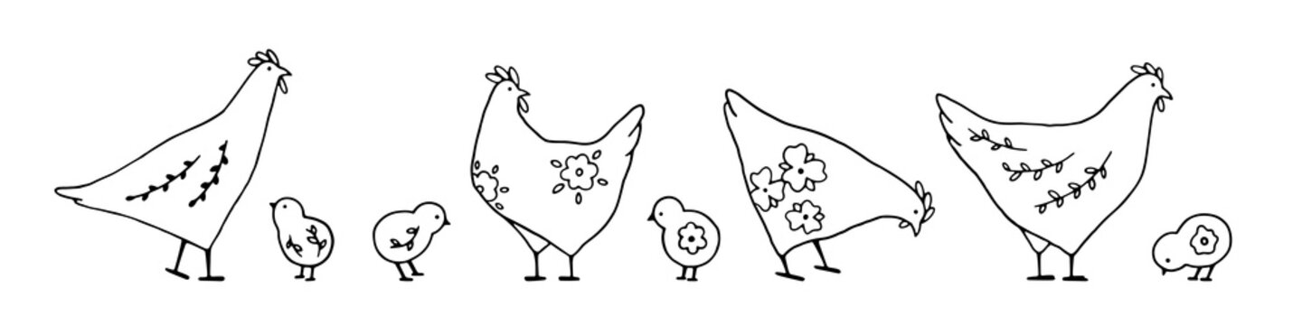 Set of line art Easter chicks with floral elements in black. Hand drawn vector collection with cute festive chickens for spring design and Easter holidays. Charming Easter traditional elements