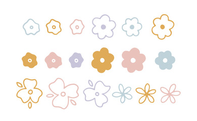 Hand drawn line art set with beautiful abstract flowers with leaves in pastel colors. Floral elements for spring and summer design, romantic holidays. Cute vector botanical collection