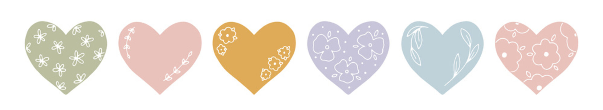 Set of hearts silhouettes with floral elements in pastel color. Hand drawn vector collection with love symbol for festive design, Mothers day and romantic holidays. Cute floral heart illustration