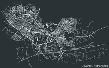Detailed negative navigation white lines urban street roads map of the Dutch regional capital city of DEVENTER, NETHERLANDS on dark gray background