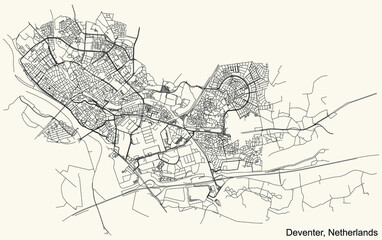 Detailed navigation black lines urban street roads map of the Dutch regional capital city of DEVENTER, NETHERLANDS on vintage beige background