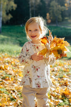 Child with bouquet of dry leafs