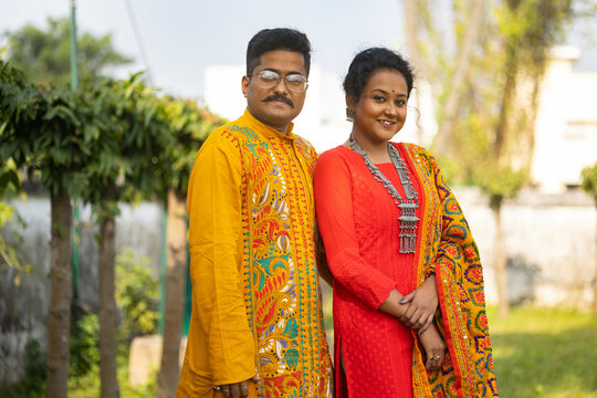 Indian young couple with traditional dress at outdoors