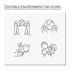 Environment day line icons set. Worldwide awareness and action to protect environment. Ecology concept. Isolated vector illustrations. Editable stroke