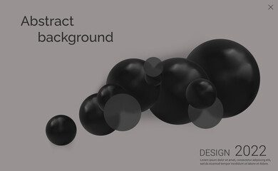 Black balls and glass background. 3D render. Vector illustration in concept digital, technology, modern, science. Glassmorphism trend.