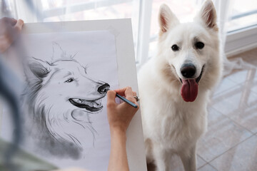 Crop woman drawing dog with tongue out
