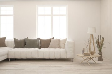 White living room with sofa. Scandinavian interior design. 3D illustration