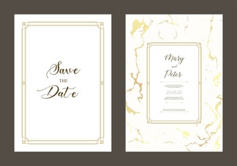 Luxury wedding invitation cards with gold marble texture and perfect frame linear vector frame design template.