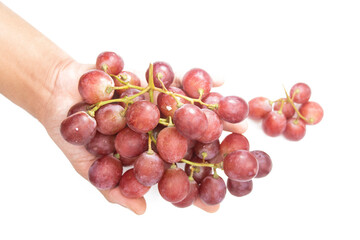 Red grapes in a hand placed on a white background,
