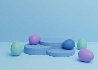 Bright, light sky blue 3D rendering of Easter themed product display podium or stand composition with colorful eggs minimal, simple for multiple products