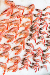Fresh seafood shrimps on ice in traditional asian market.
