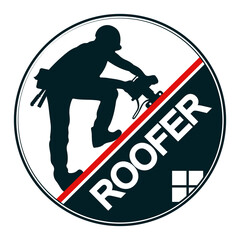 A roofer with a tool works on the roof. Symbol for a roofer. Construction and roofing - obrazy, fototapety, plakaty