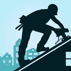 Roofer with a tool works on the roof of a house. Roofing and repair work design - obrazy, fototapety, plakaty