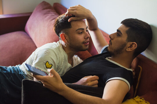 Sweet intimacy moment between latino couple