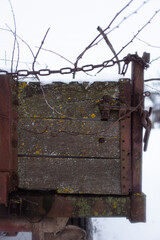 an old cart trailer on wheels made of wood stands in the snow among bushes and tree branches covered with moss and lichen with chains and rusty metal in winter
