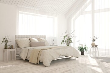 Soft color bedroom interior. Scandinavian design. 3D illustration