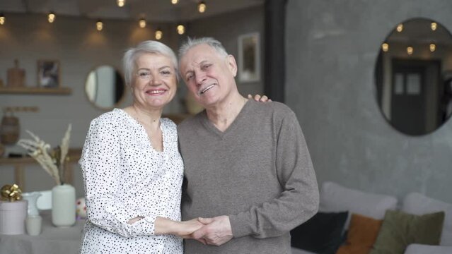 Smiling old couple looking at each other and holding hands in a cosy apartment