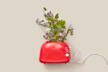 Spring flowers placed inside red toaster