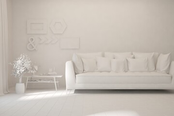 Mock up of minimalist living room in white color with sofa. Scandinavian interior design. 3D illustration