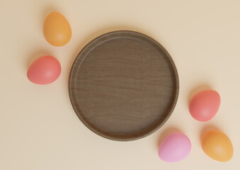 Light beige, pastel orange 3D rendering top view flat lay product display podium or stand with colorful Easter eggs and wooden dish minimal and simple