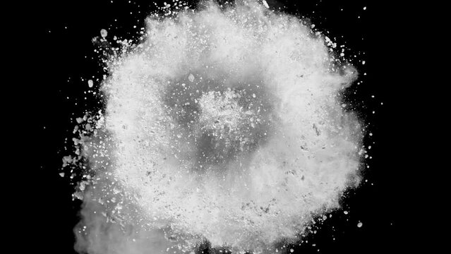 Super slow motion of white powder rotation isolated on black background. Filmed on high speed cinema camera, 1000fps.