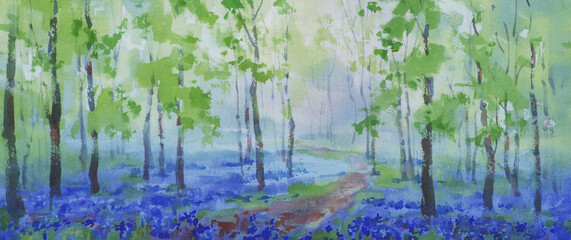 Blue flowers in the misty forest watercolor landscape