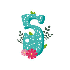 Decorative isolated number five with leaves and flower. Element for party, card, invitation, birthday, greeting, wedding, advertising. Cartoon vector illustration