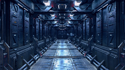 Futuristic corridor in a sci-fi  fantasy space ship or station. 3D illustration. - obrazy, fototapety, plakaty