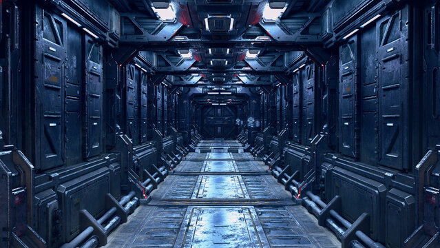 Futuristic corridor in a sci-fi  fantasy space ship or station. 3D illustration.