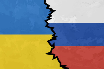 Flags of Russia and Ukraine with a split between them, showing the conflict between the countries