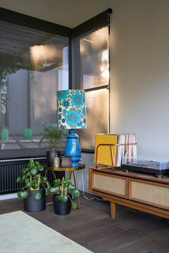 Style lounge with record player and record stack