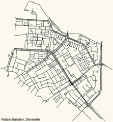 Fototapeta na wymiar Detailed navigation black lines urban street roads map of the KEIZERSLANDEN DISTRICT of the Dutch regional capital city Deventer, Netherlands on vintage beige background