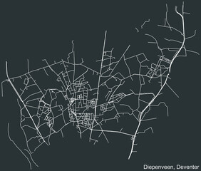Detailed negative navigation white lines urban street roads map of the DIEPENVEEN DISTRICT of the Dutch regional capital city Deventer, Netherlands on dark gray background