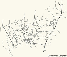 Detailed navigation black lines urban street roads map of the DIEPENVEEN DISTRICT of the Dutch regional capital city Deventer, Netherlands on vintage beige background