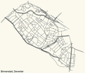 Detailed navigation black lines urban street roads map of the BINNENSTAD DISTRICT of the Dutch regional capital city Deventer, Netherlands on vintage beige background