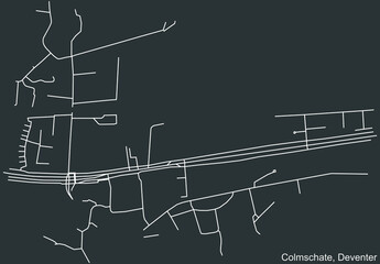 Detailed negative navigation white lines urban street roads map of the COLMSCHATE DISTRICT of the Dutch regional capital city Deventer, Netherlands on dark gray background