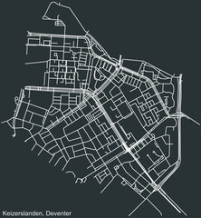 Detailed negative navigation white lines urban street roads map of the KEIZERSLANDEN DISTRICT of the Dutch regional capital city Deventer, Netherlands on dark gray background
