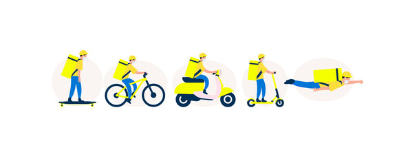 Set of delivery men on transport with a backpack for food, yellow delivery service, colors flag of Ukraine, vector illustration