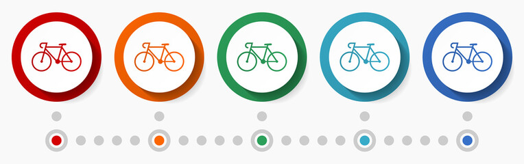 Bicycle, bike, sport concept vector icon set, flat design colorful buttons, infographic template in 5 color options