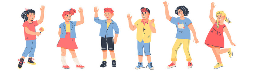 Happy cartoon children standing together and waving hands in greeting. Fun cheerful preschool boys and girls, flat vector illustration isolated on white background.