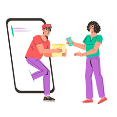 Online purchases delivery concept. Delivery person brings parcel to happy client, flat vector illustration isolated on white background. Fast shipping and cash payment for order.